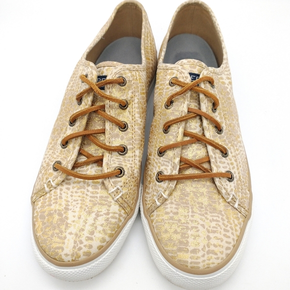 Sperry Seacoast Python Print Sneakers Gold 9 - Picture 3 of 6